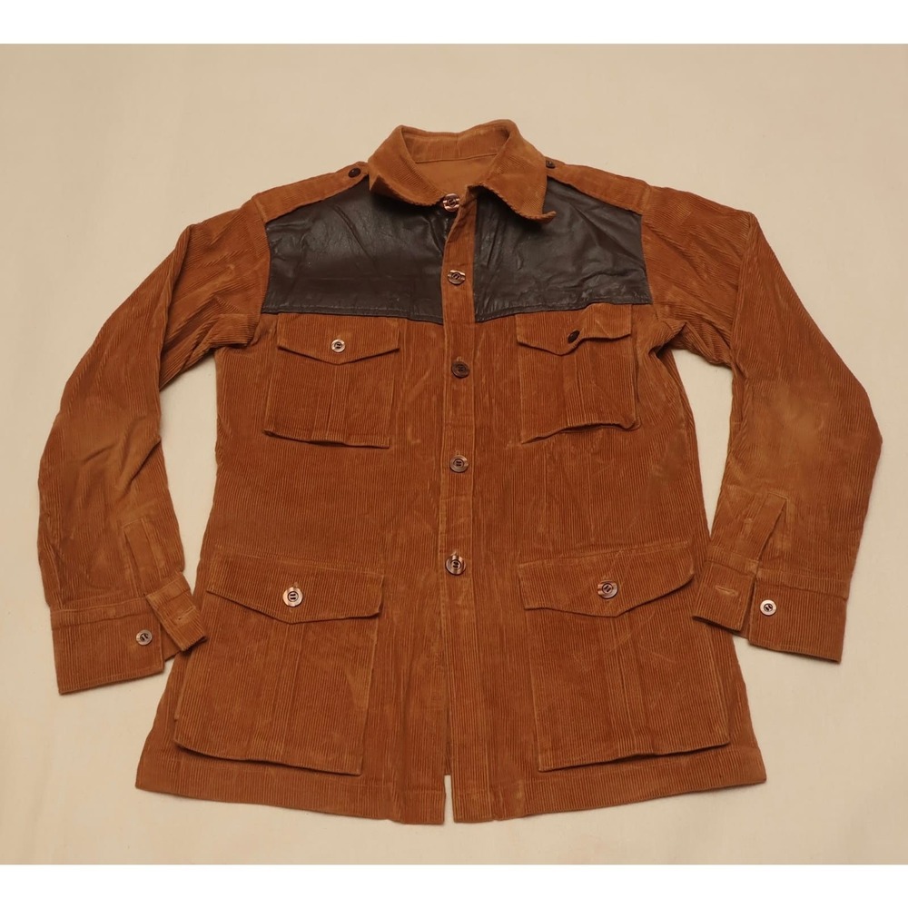 Vintage Brown Corduroy Leather Military Hunting Field Jacket 70s Mens L